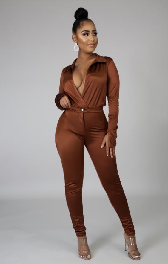 Satin Bodysuit Set-Mocha